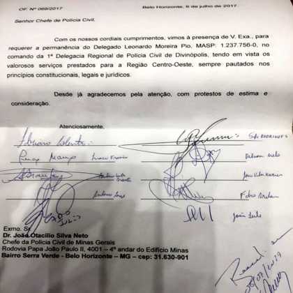 Deputados Estaduais, junto com Fabiano Tolentino (PPS), assinam apoio à permanência do Delegado Regional da Policia Civil em Divinópolis oficio Fabiano